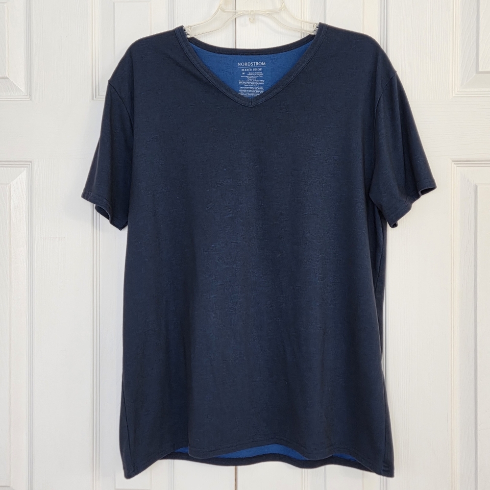 NORDSTROM MEN'S SHOP V NECK 2 TONED BLUE SHORT SLEEVE CASUAL SHIRT MEDIUM